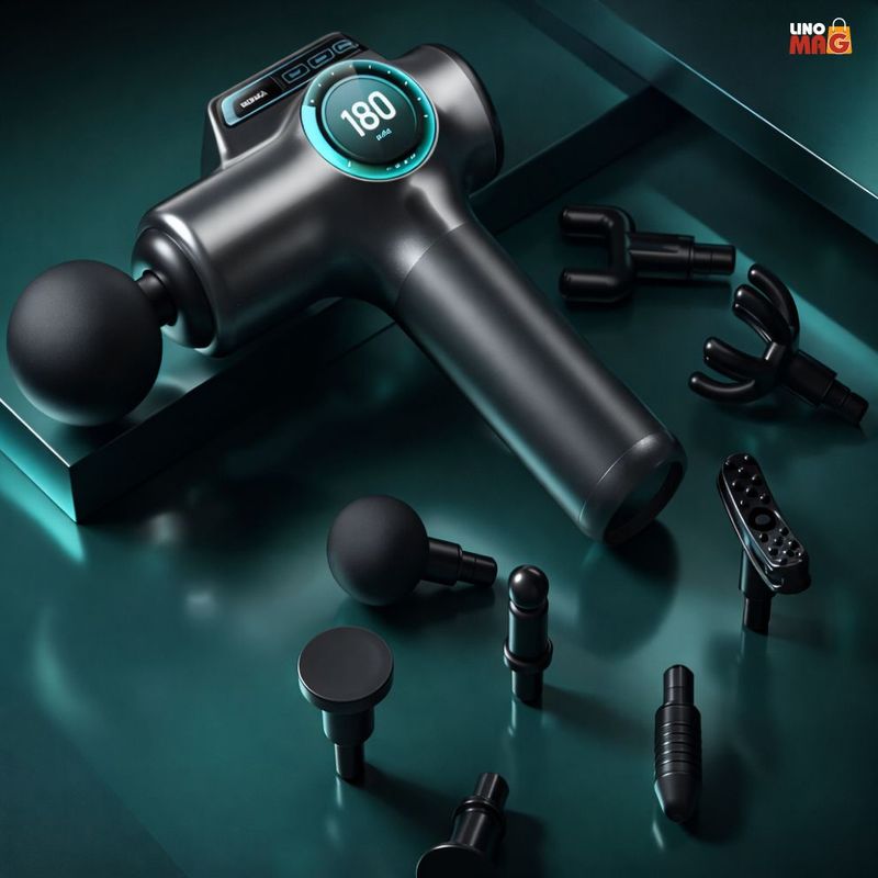 Ingrijire personala si Cosmetice - Sanatate si wellness - Articole wellness - Aparate si dispozitive de masaj - Aparat masaj pistol Linomag®, 8 capete, 99 viteze, 3200 rpm, autonomie 6h, motor silentios, touchscreen, silver - Infinity.ro