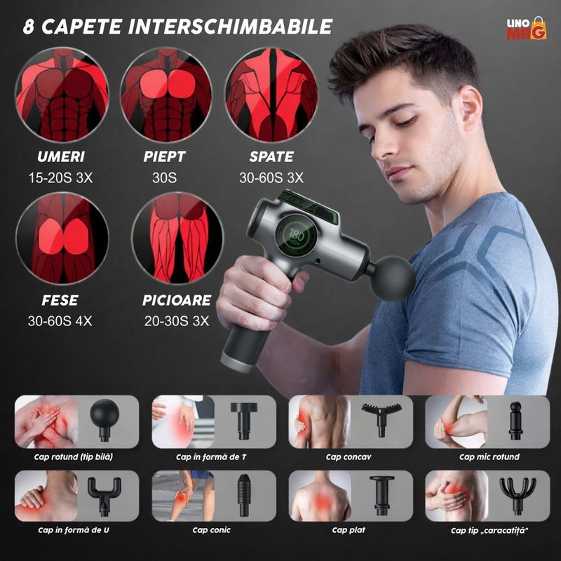 Ingrijire personala si Cosmetice - Sanatate si wellness - Articole wellness - Aparate si dispozitive de masaj - Aparat masaj pistol Linomag®, 8 capete, 99 viteze, 3200 rpm, autonomie 6h, motor silentios, touchscreen, silver - Infinity.ro