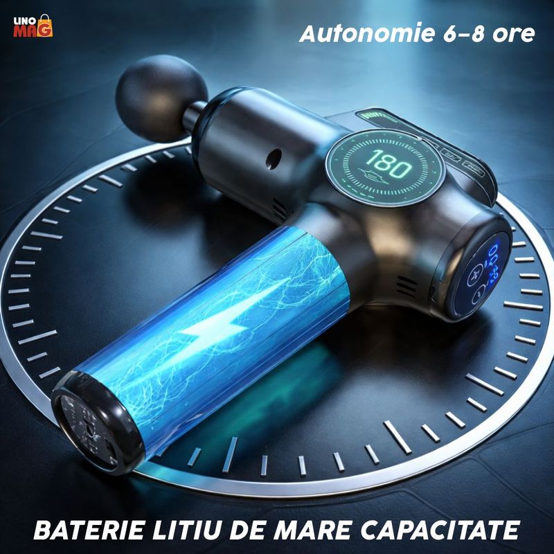 Ingrijire personala si Cosmetice - Sanatate si wellness - Articole wellness - Aparate si dispozitive de masaj - Aparat masaj pistol Linomag®, 8 capete, 99 viteze, 3200 rpm, autonomie 6h, motor silentios, touchscreen, silver - Infinity.ro