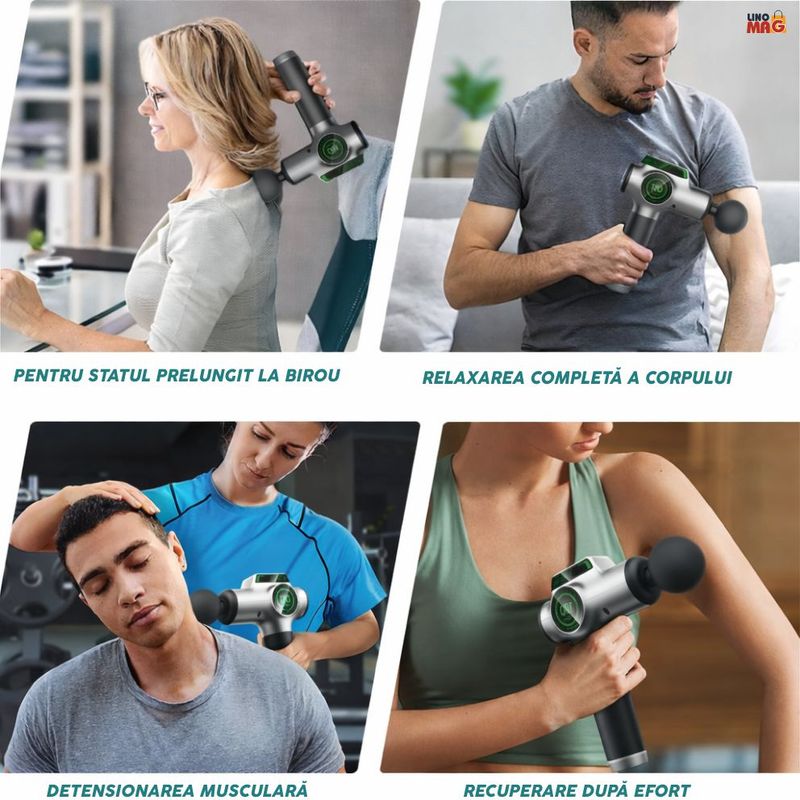 Ingrijire personala si Cosmetice - Sanatate si wellness - Articole wellness - Aparate si dispozitive de masaj - Aparat masaj pistol Linomag®, 8 capete, 99 viteze, 3200 rpm, autonomie 6h, motor silentios, touchscreen, silver - Infinity.ro