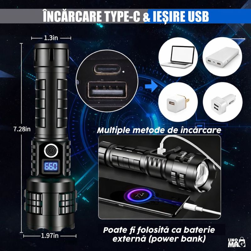Sport si Outdoor - Camping - Articole solare camping - Lampi si lanterne camping - Lanterna LED cu zoom Linomag®, 5000mAh, USB-C, 5 moduri, IP67, display digital, power bank, negru - Infinity.ro