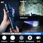 Sport si Outdoor - Camping - Articole solare camping - Lampi si lanterne camping - Lanterna LED cu zoom Linomag®, 5000mAh, USB-C, 5 moduri, IP67, display digital, power bank, negru - Infinity.ro