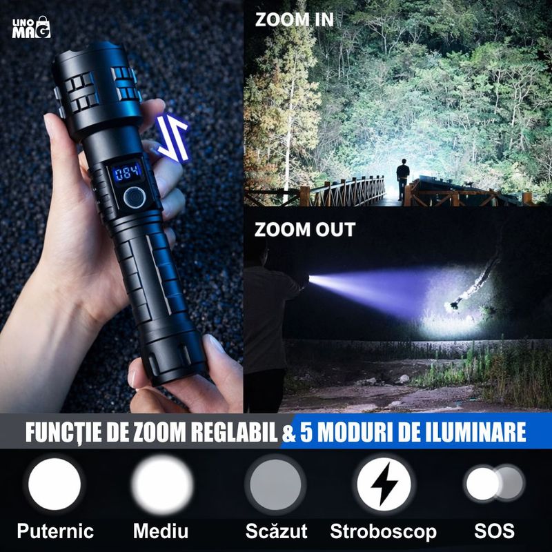 Sport si Outdoor - Camping - Articole solare camping - Lampi si lanterne camping - Lanterna LED cu zoom Linomag®, 5000mAh, USB-C, 5 moduri, IP67, display digital, power bank, negru - Infinity.ro
