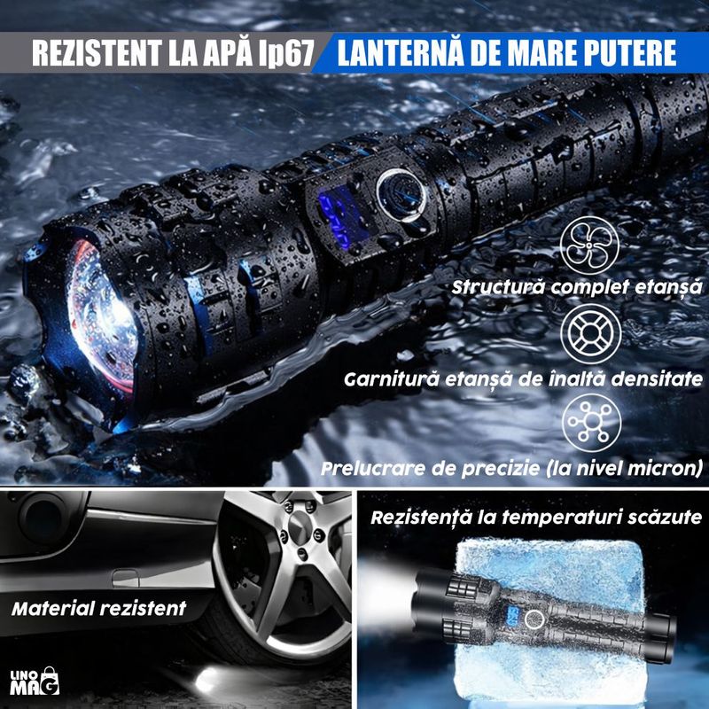 Sport si Outdoor - Camping - Articole solare camping - Lampi si lanterne camping - Lanterna LED cu zoom Linomag®, 5000mAh, USB-C, 5 moduri, IP67, display digital, power bank, negru - Infinity.ro