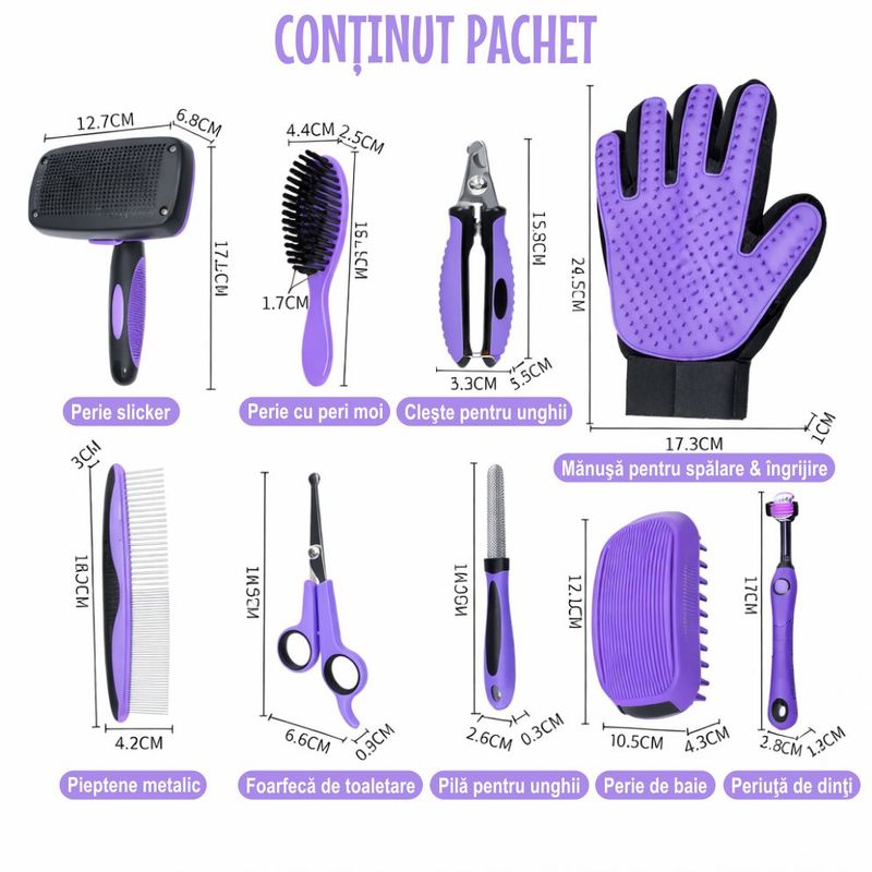 Petshop - Ingrijire si Igiena - Aparate de ingrijire - Alte aparate ingrijire animale - Set ingrijire caini/pisici Linomag®, 9 piese, grooming complet, perii, manusa, cleste unghii, foarfeca, pieptene, mov - Infinity.ro