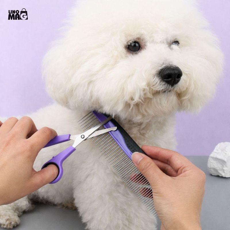 Petshop - Ingrijire si Igiena - Aparate de ingrijire - Alte aparate ingrijire animale - Set ingrijire caini/pisici Linomag®, 9 piese, grooming complet, perii, manusa, cleste unghii, foarfeca, pieptene, mov - Infinity.ro