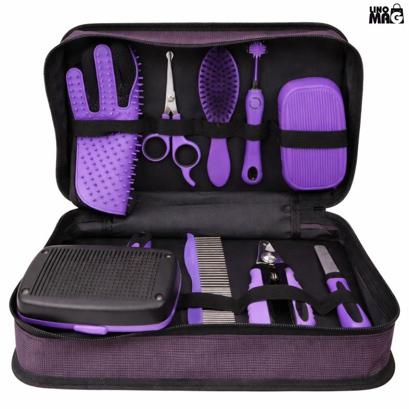 Petshop - Ingrijire si Igiena - Aparate de ingrijire - Alte aparate ingrijire animale - Set ingrijire caini/pisici Linomag®, 9 piese, grooming complet, perii, manusa, cleste unghii, foarfeca, pieptene, mov - Infinity.ro