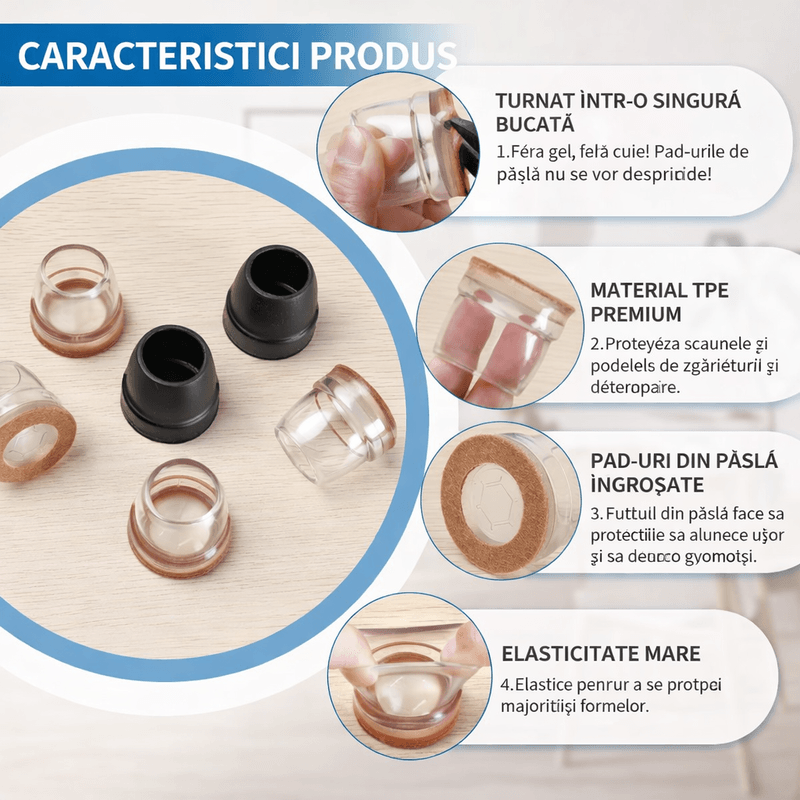 Casa si Gradina - Mobilier - Feronerie si accesorii mobila - Set 32 protectii picioare scaun din silicon cu pasla, anti zgariere si anti zgomot, pentru mobilier, protectie parchet - Infinity.ro