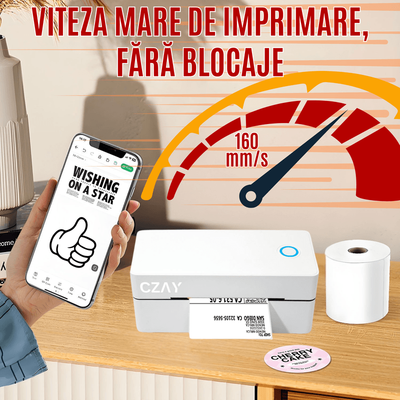 PC, gaming si accesorii - Imprimante, scanere & consumabile - Imprimante - Imprimante termice - Imprimanta Termica Etichete CZAY®,Bluetooth,AWB 100x150 mm (A6),Etichete 30-110 mm,203 DPI,160 mm/s,Suport Inclus,USB - Infinity.ro