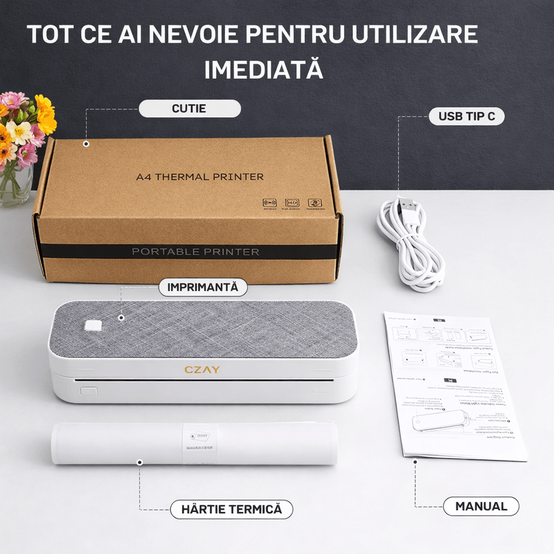 PC, gaming si accesorii - Imprimante, scanere & consumabile - Imprimante - Imprimante termice - Imprimanta Termica Portabila A4 CZAY®,Etichete 50–220 mm,HD 304 DPI,30 mm/s,iOS/Android/Windows/MacOS,2600 mAh,Bluetooth - Infinity.ro