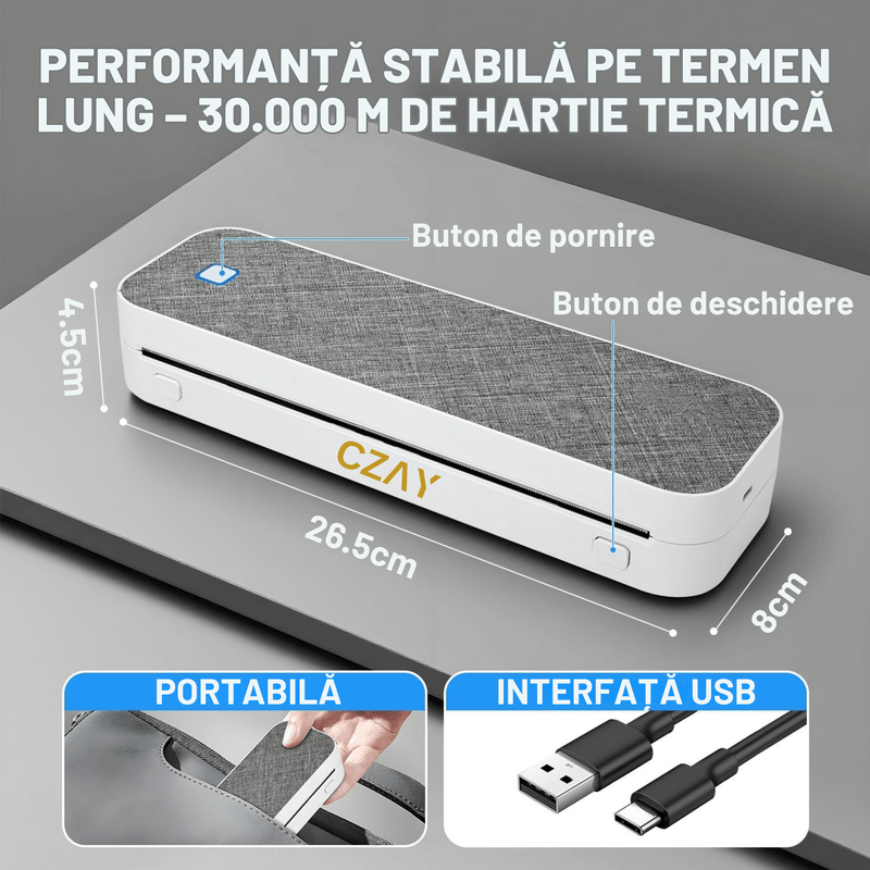 PC, gaming si accesorii - Imprimante, scanere & consumabile - Imprimante - Imprimante termice - Imprimanta Termica Portabila A4 CZAY®,Etichete 50–220 mm,HD 304 DPI,30 mm/s,iOS/Android/Windows/MacOS,2600 mAh,Bluetooth - Infinity.ro