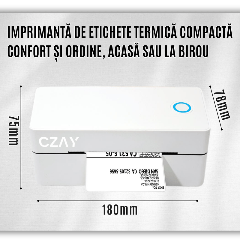 PC, gaming si accesorii - Imprimante, scanere & consumabile - Imprimante - Imprimante termice - Imprimanta Termica Etichete CZAY®,Bluetooth,AWB 100x150 mm (A6),Etichete 30-110 mm,203 DPI,160 mm/s,Suport Inclus,USB - Infinity.ro