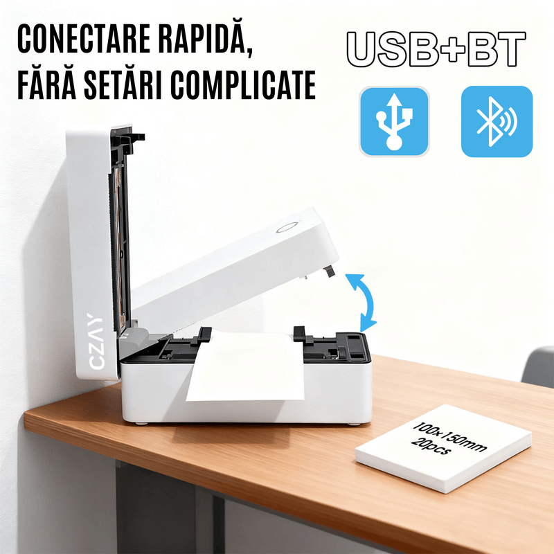 PC, gaming si accesorii - Imprimante, scanere & consumabile - Imprimante - Imprimante termice - Imprimanta Termica Etichete CZAY®,Bluetooth,AWB 100x150 mm (A6),Etichete 30-110 mm,203 DPI,160 mm/s,Suport Inclus,USB - Infinity.ro