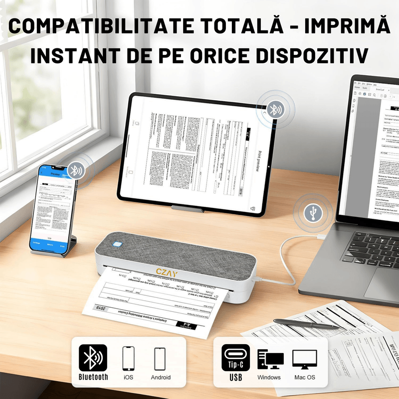 PC, gaming si accesorii - Imprimante, scanere & consumabile - Imprimante - Imprimante termice - Imprimanta Termica Portabila A4 CZAY®,Etichete 50–220 mm,HD 304 DPI,30 mm/s,iOS/Android/Windows/MacOS,2600 mAh,Bluetooth - Infinity.ro