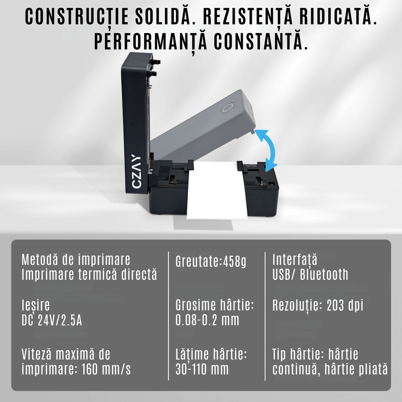 PC, gaming si accesorii - Imprimante, scanere & consumabile - Imprimante - Imprimante termice - Imprimanta Termica Etichete CZAY®,Bluetooth,AWB 100x150 mm (A6),Etichete 30-110 mm,203 DPI,160 mm/s,Suport Inclus,USB - Infinity.ro