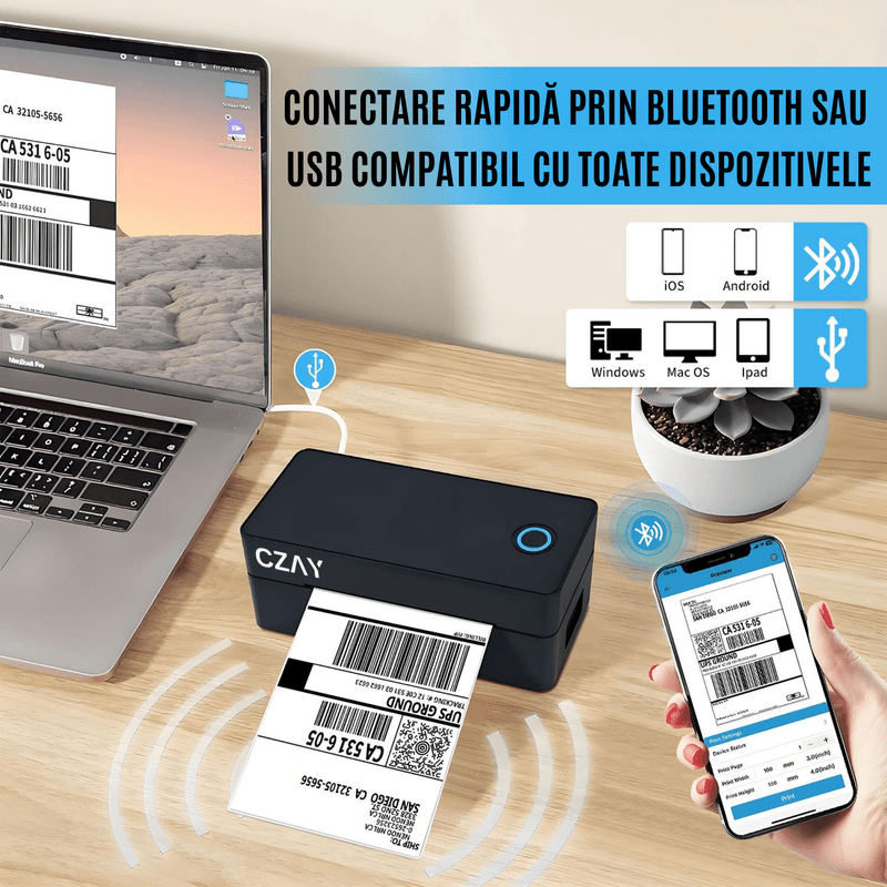 PC, gaming si accesorii - Imprimante, scanere & consumabile - Imprimante - Imprimante termice - Imprimanta Termica Etichete CZAY®,Bluetooth,AWB 100x150 mm (A6),Etichete 30-110 mm,203 DPI,160 mm/s,Suport Inclus,USB - Infinity.ro
