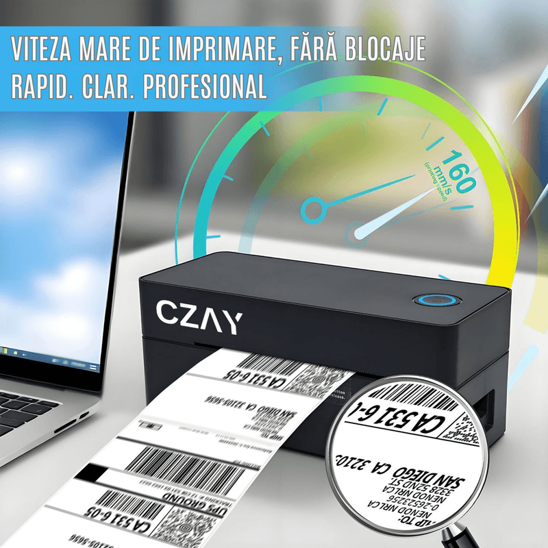 PC, gaming si accesorii - Imprimante, scanere & consumabile - Imprimante - Imprimante termice - Imprimanta Termica Etichete CZAY®,Bluetooth,AWB 100x150 mm (A6),Etichete 30-110 mm,203 DPI,160 mm/s,Suport Inclus,USB - Infinity.ro