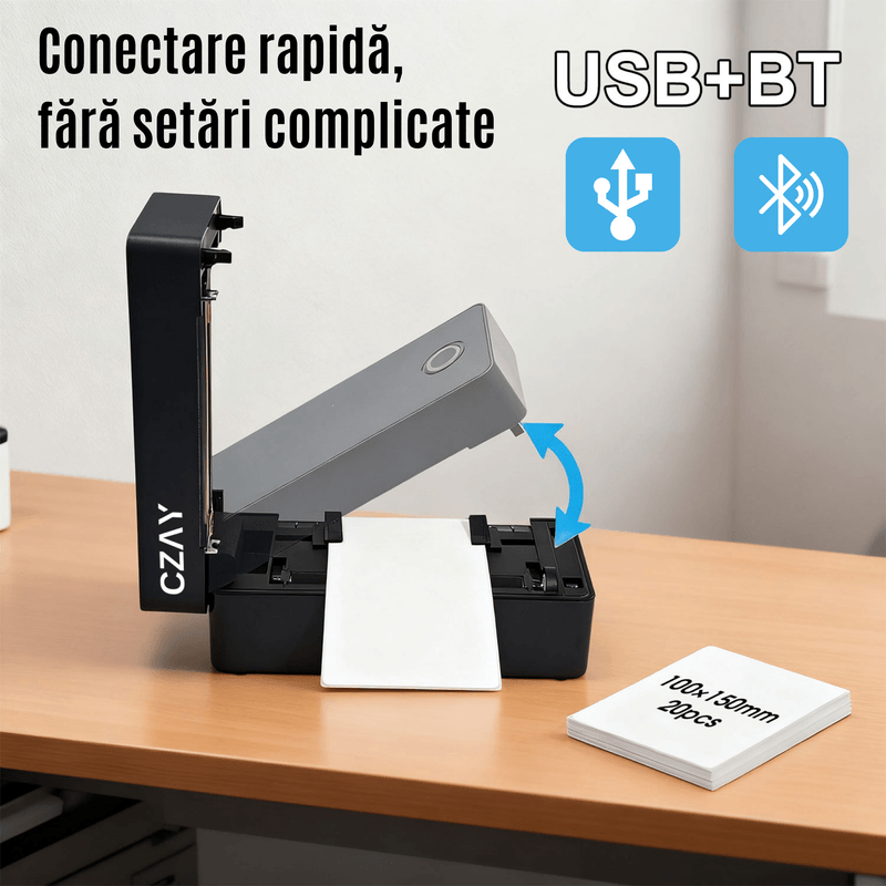 PC, gaming si accesorii - Imprimante, scanere & consumabile - Imprimante - Imprimante termice - Imprimanta Termica Etichete CZAY®,Bluetooth,AWB 100x150 mm (A6),Etichete 30-110 mm,203 DPI,160 mm/s,Suport Inclus,USB - Infinity.ro