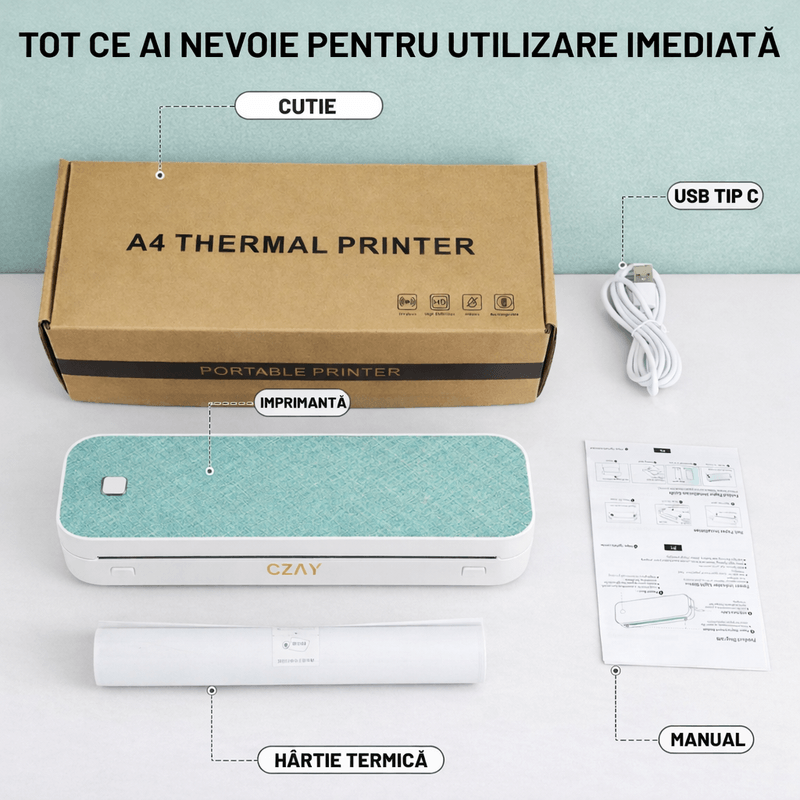 PC, gaming si accesorii - Imprimante, scanere & consumabile - Imprimante - Imprimante termice - Imprimanta Termica Portabila A4 CZAY®,Etichete 50–220 mm,HD 304 DPI,30 mm/s,iOS/Android/Windows/MacOS,2600 mAh,Bluetooth - Infinity.ro