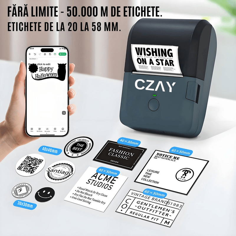 PC, gaming si accesorii - Imprimante, scanere & consumabile - Imprimante - Imprimante termice - Imprimanta Termica Portabila CZAY®, Bluetooth,Etichete 20-58mm, HD 203 DPI,50 mm/s,1200 mAh, Aplicatie Telefon, Albastru - Infinity.ro