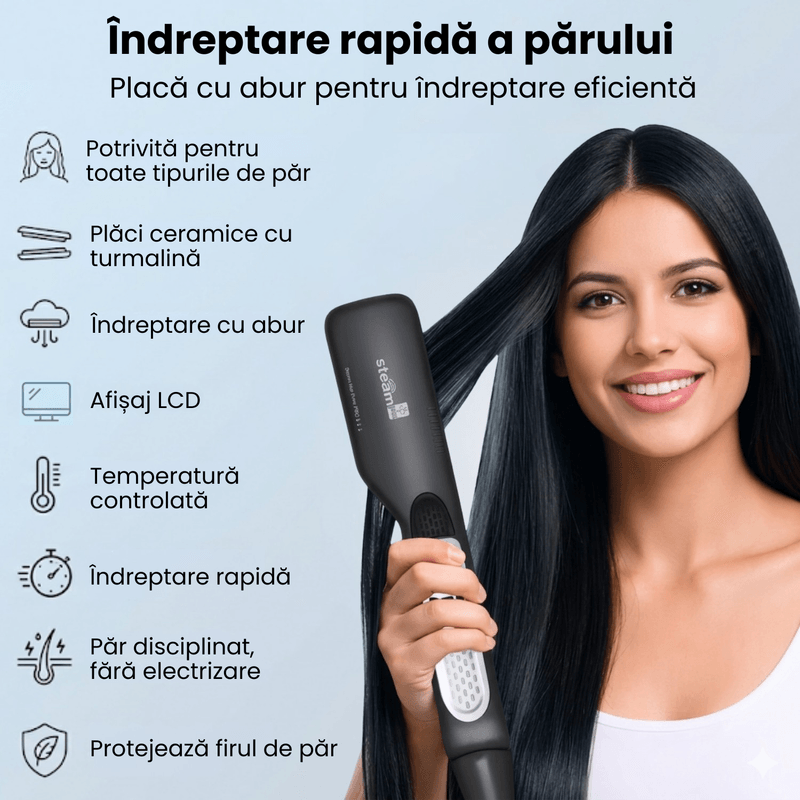 Ingrijire personala si Cosmetice - Aparate & accesorii ingrijire personala - Hair styling - Placi de indreptat parul - Placa de indreptat parul cu abur StfTauc®SteamPro, Placa de par 2 in 1, placi ceramice  5 trepte temperatura , ecran LCD - Infinity.ro