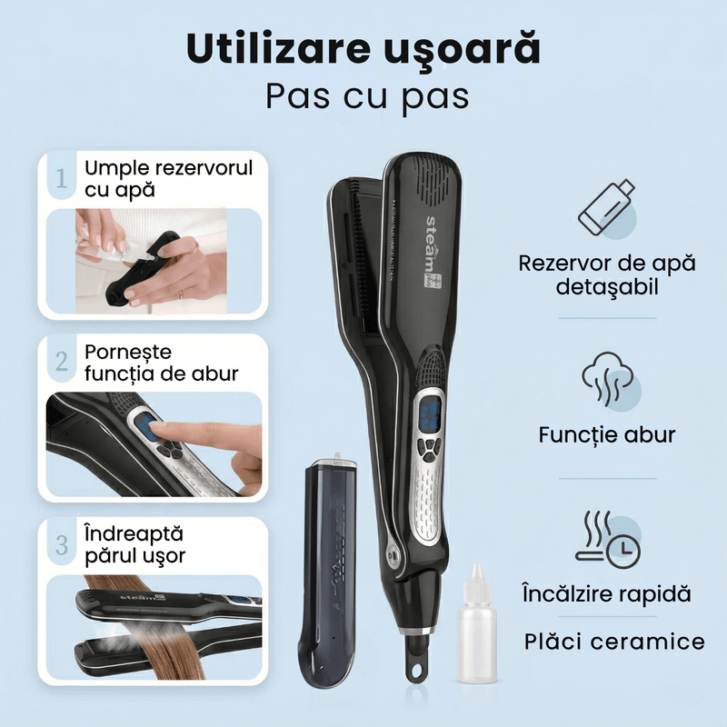 Ingrijire personala si Cosmetice - Aparate & accesorii ingrijire personala - Hair styling - Placi de indreptat parul - Placa de indreptat parul cu abur StfTauc®SteamPro, Placa de par 2 in 1, placi ceramice  5 trepte temperatura , ecran LCD - Infinity.ro