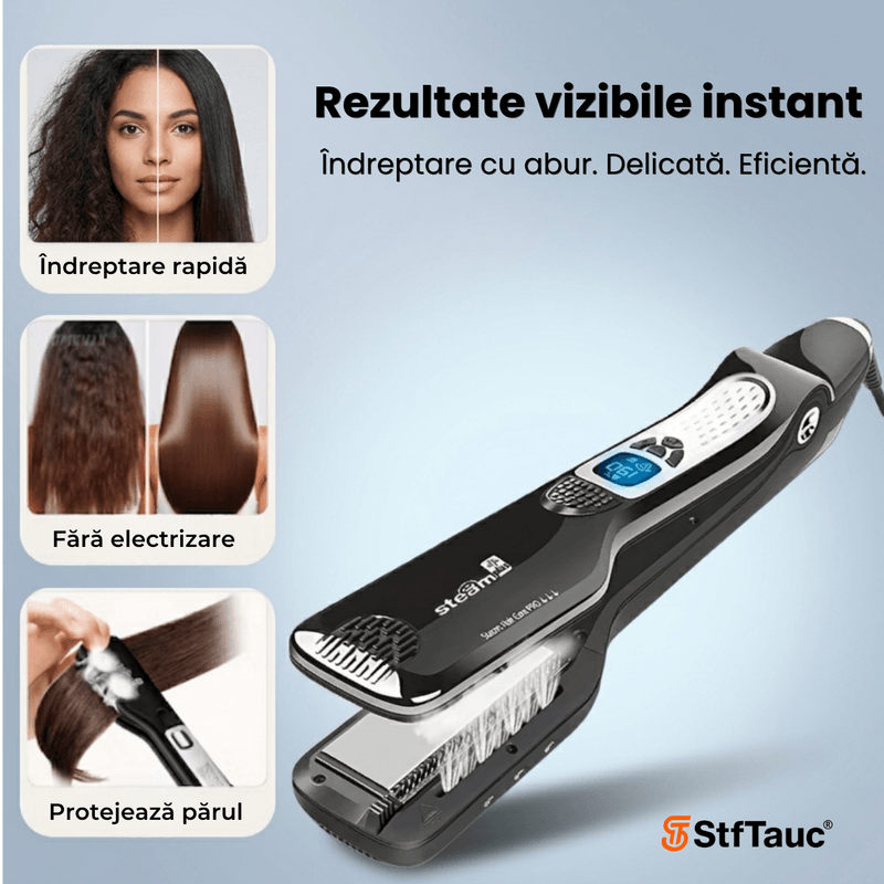 Ingrijire personala si Cosmetice - Aparate & accesorii ingrijire personala - Hair styling - Placi de indreptat parul - Placa de indreptat parul cu abur StfTauc®SteamPro, Placa de par 2 in 1, placi ceramice  5 trepte temperatura , ecran LCD - Infinity.ro