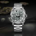 Fashion, accesorii si bijuterii - Barbati - Bijuterii barbati - Ceasuri barbati - Ceas automat GLENAW Skull Series pentru barbati, design schelet craniu, luxury fashion, bratara otel sau curea piele - Infinity.ro