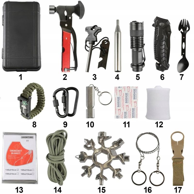 Sport si Outdoor - Accesorii si echipamente sportive - Sporturi extreme si supravietuire - Kituri supravietuire - Kit Supravietuire Militar Complet 17 in 1 NewEvo, 51 de Utilizari Diferite, Multitool, Lanterna, Cutit, Busola - Infinity.ro