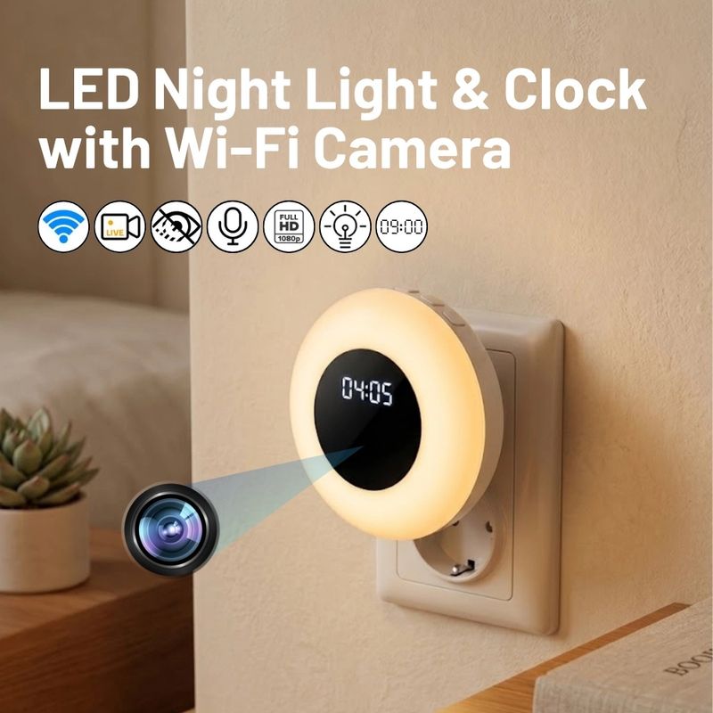 Laptop, Telefoane si Tablete - Wearables si gadgeturi - Gadgeturi - Dispozitive spionaj - Camera Spion in Lampa de veghe cu Ceas iUni IP71, Wi-Fi, Full HD, Night Vision, Vizualizare Live pe telefon - Infinity.ro