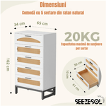 Casa si Gradina - Mobilier - Comode si corpuri - Comode - Comoda Moderna cu 5 Sertare 65x34x102 Cm, Comoda Inalta Din MDF si Ratan Natural, Manere Si Picioare Metalice, - Infinity.ro