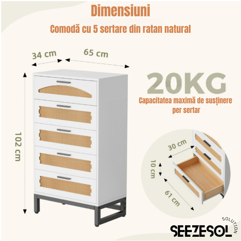 Casa si Gradina - Mobilier - Comode si corpuri - Comode - Comoda Moderna cu 5 Sertare 65x34x102 Cm, Comoda Inalta Din MDF si Ratan Natural, Manere Si Picioare Metalice, - Infinity.ro