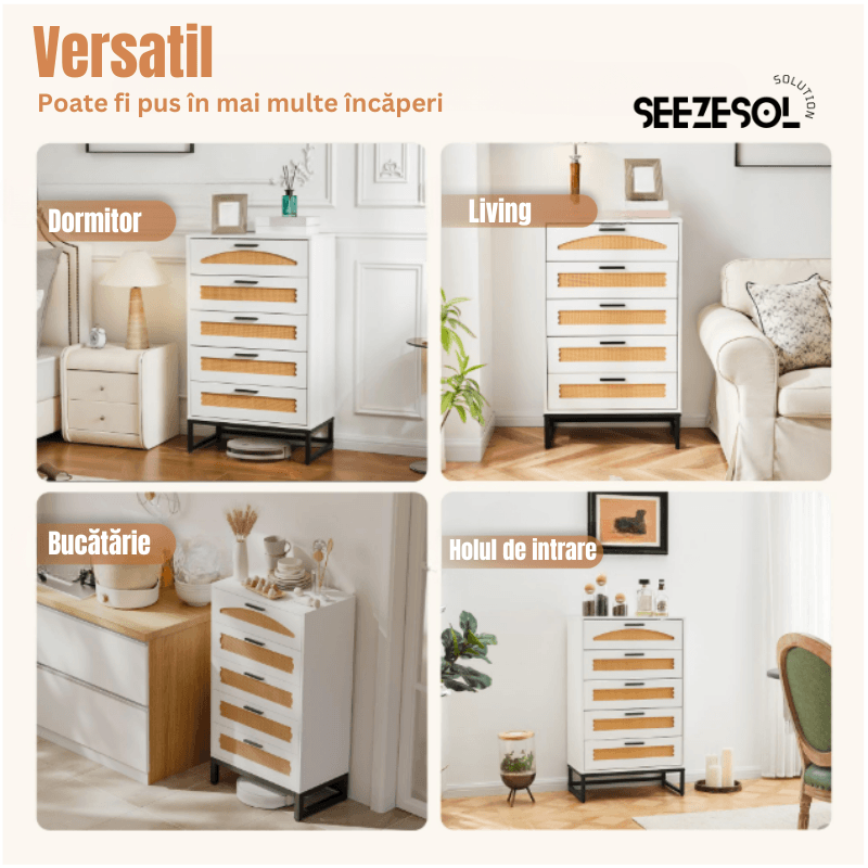 Casa si Gradina - Mobilier - Comode si corpuri - Comode - Comoda Moderna cu 5 Sertare 65x34x102 Cm, Comoda Inalta Din MDF si Ratan Natural, Manere Si Picioare Metalice, - Infinity.ro