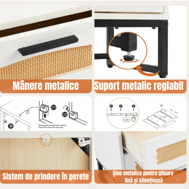 Casa si Gradina - Mobilier - Comode si corpuri - Comode - Comoda Moderna cu 5 Sertare 65x34x102 Cm, Comoda Inalta Din MDF si Ratan Natural, Manere Si Picioare Metalice, - Infinity.ro
