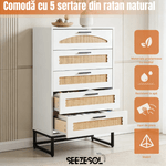 Casa si Gradina - Mobilier - Comode si corpuri - Comode - Comoda Moderna cu 5 Sertare 65x34x102 Cm, Comoda Inalta Din MDF si Ratan Natural, Manere Si Picioare Metalice, - Infinity.ro