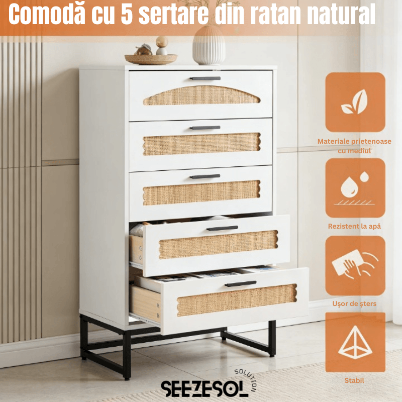 Casa si Gradina - Mobilier - Comode si corpuri - Comode - Comoda Moderna cu 5 Sertare 65x34x102 Cm, Comoda Inalta Din MDF si Ratan Natural, Manere Si Picioare Metalice, - Infinity.ro