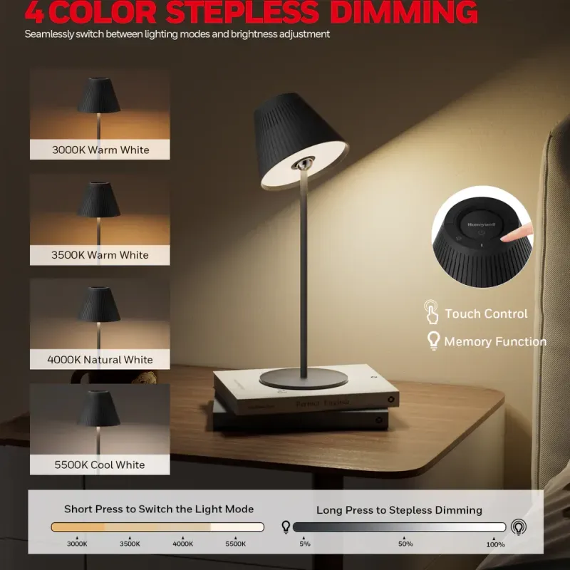 Casa si Gradina - Corpuri si surse de iluminat - Veioze si lampi - Veioze - Lampa LED Honeywell, Iluminare LED Sunturalux™,  Reincarcabila USB-C, Dimabila, 5200mAh, RGB 9 culori + 4 moduri lumina - Infinity.ro