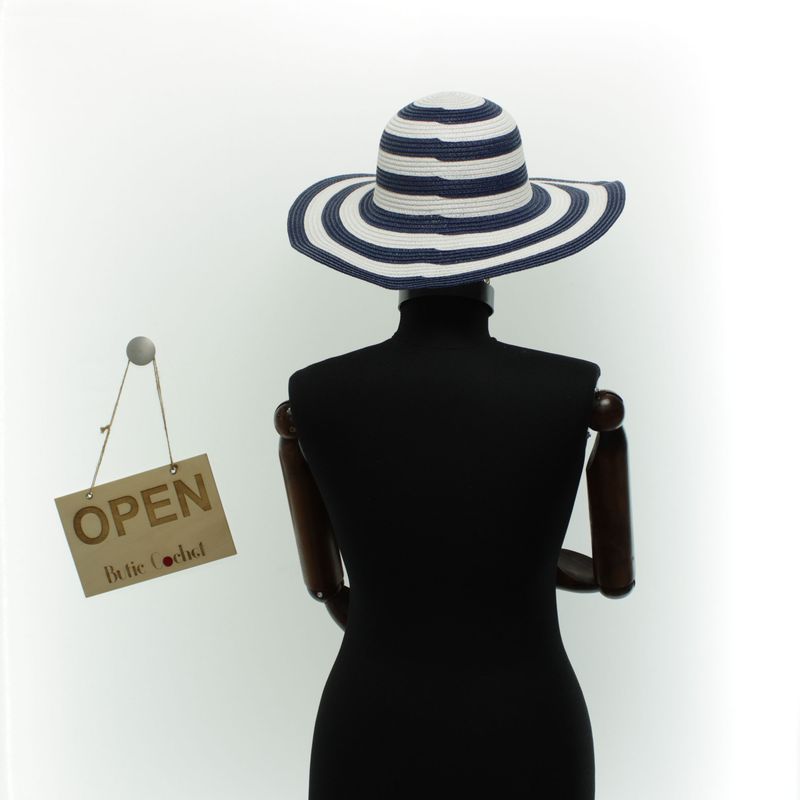 Fashion, accesorii si bijuterii - Femei - Accesorii femei - Caciuli si palarii femei - Palarie de soare dama, marime universala, 95% hartie 5% poliester, bor mare, Alb cu albastru - PAL1878 - Infinity.ro
