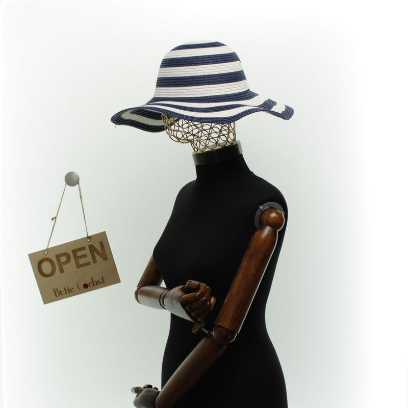 Fashion, accesorii si bijuterii - Femei - Accesorii femei - Caciuli si palarii femei - Palarie de soare dama, marime universala, 95% hartie 5% poliester, bor mare, Alb cu albastru - PAL1878 - Infinity.ro