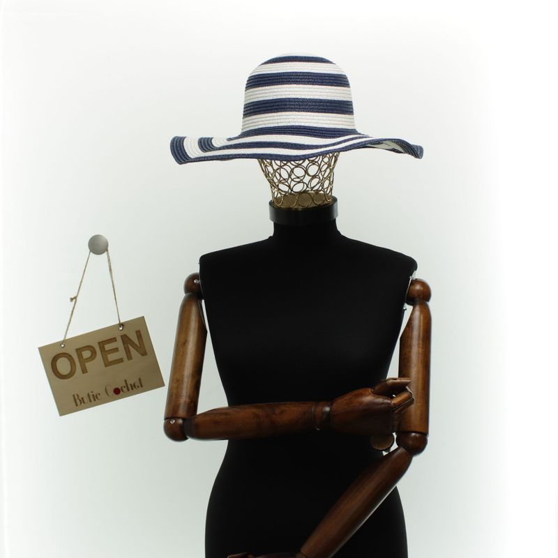 Fashion, accesorii si bijuterii - Femei - Accesorii femei - Caciuli si palarii femei - Palarie de soare dama, marime universala, 95% hartie 5% poliester, bor mare, Alb cu albastru - PAL1878 - Infinity.ro