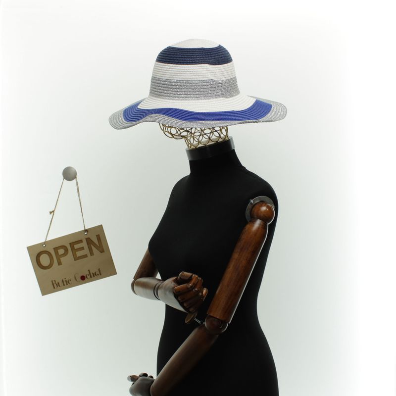 Fashion, accesorii si bijuterii - Femei - Accesorii femei - Caciuli si palarii femei - Palarie de soare dama, marime universala, 95%  hartie 5% poliester, bor mare, Alb cu albastru - PAL1877 - Infinity.ro