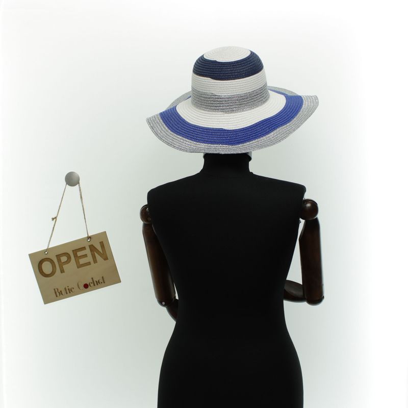 Fashion, accesorii si bijuterii - Femei - Accesorii femei - Caciuli si palarii femei - Palarie de soare dama, marime universala, 95%  hartie 5% poliester, bor mare, Alb cu albastru - PAL1877 - Infinity.ro