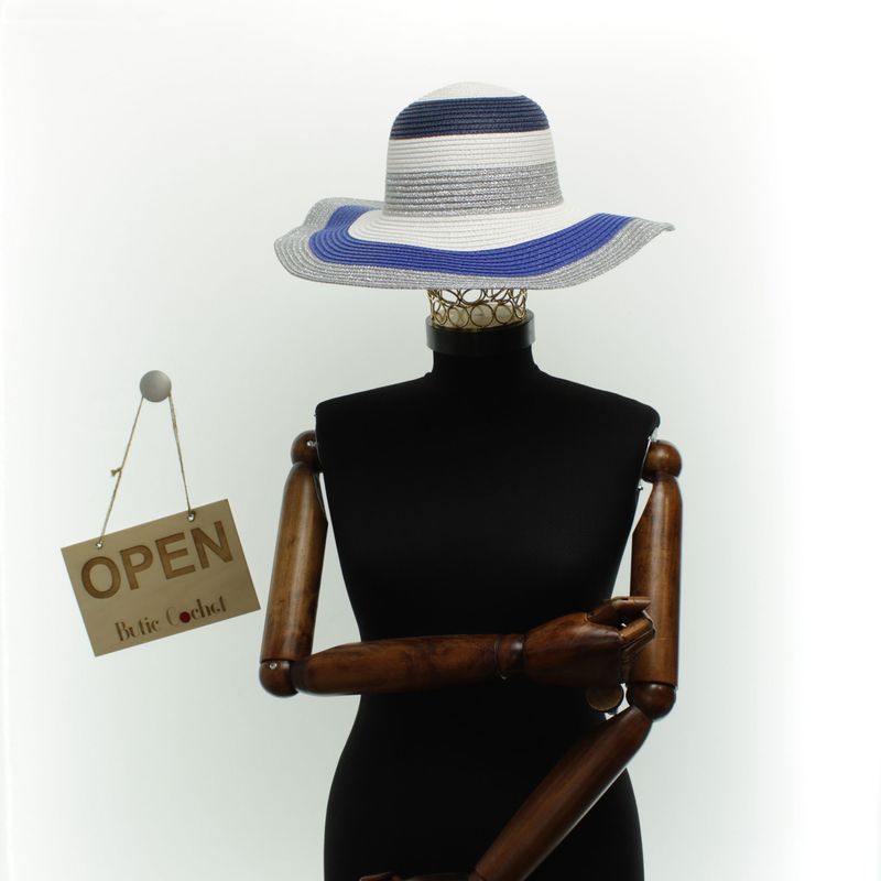 Fashion, accesorii si bijuterii - Femei - Accesorii femei - Caciuli si palarii femei - Palarie de soare dama, marime universala, 95%  hartie 5% poliester, bor mare, Alb cu albastru - PAL1877 - Infinity.ro