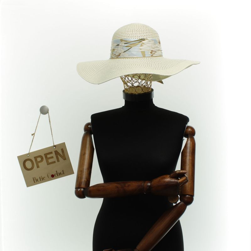 Fashion, accesorii si bijuterii - Femei - Accesorii femei - Caciuli si palarii femei - Palarie de soare dama, marime universala, 95% hartie 5% poliester, bor mare, cu accesoriu decorativ, Crem - PAL1875 - Infinity.ro