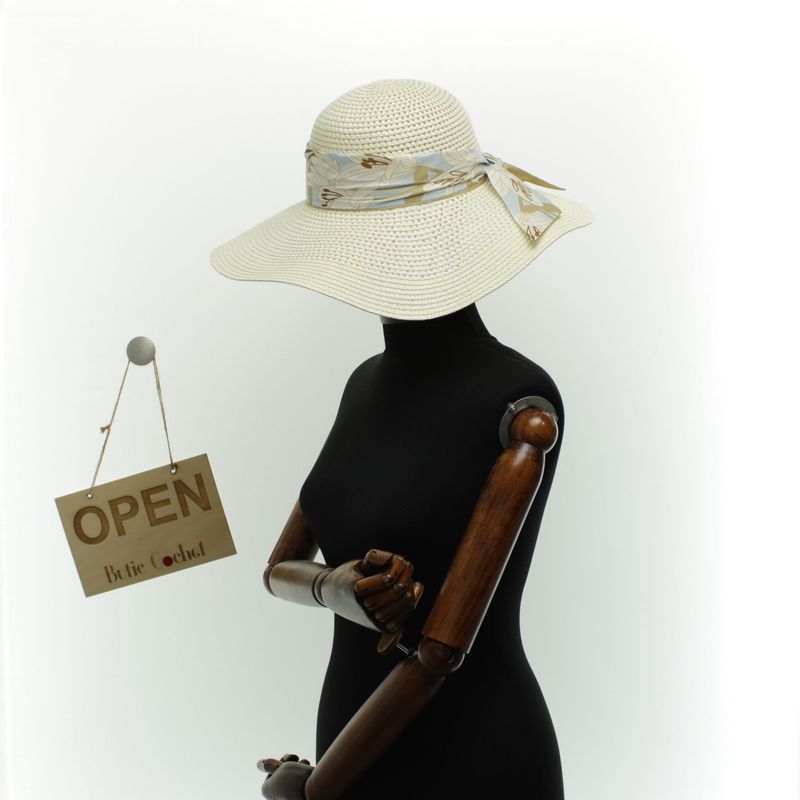 Fashion, accesorii si bijuterii - Femei - Accesorii femei - Caciuli si palarii femei - Palarie de soare dama, marime universala, 95% hartie 5% poliester, bor mare, cu accesoriu decorativ, Crem - PAL1875 - Infinity.ro