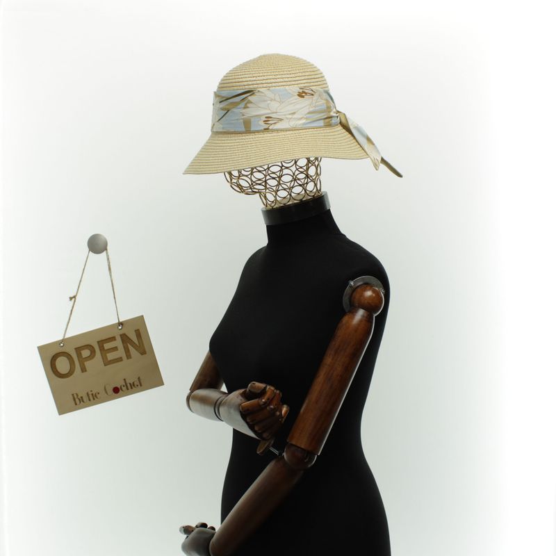 Fashion, accesorii si bijuterii - Femei - Accesorii femei - Caciuli si palarii femei - Palarie de soare dama, marime universala, 95% hartie 5% poliester, bor mic, cu accesoriu decorativ, Bej - PAL1873 - Infinity.ro