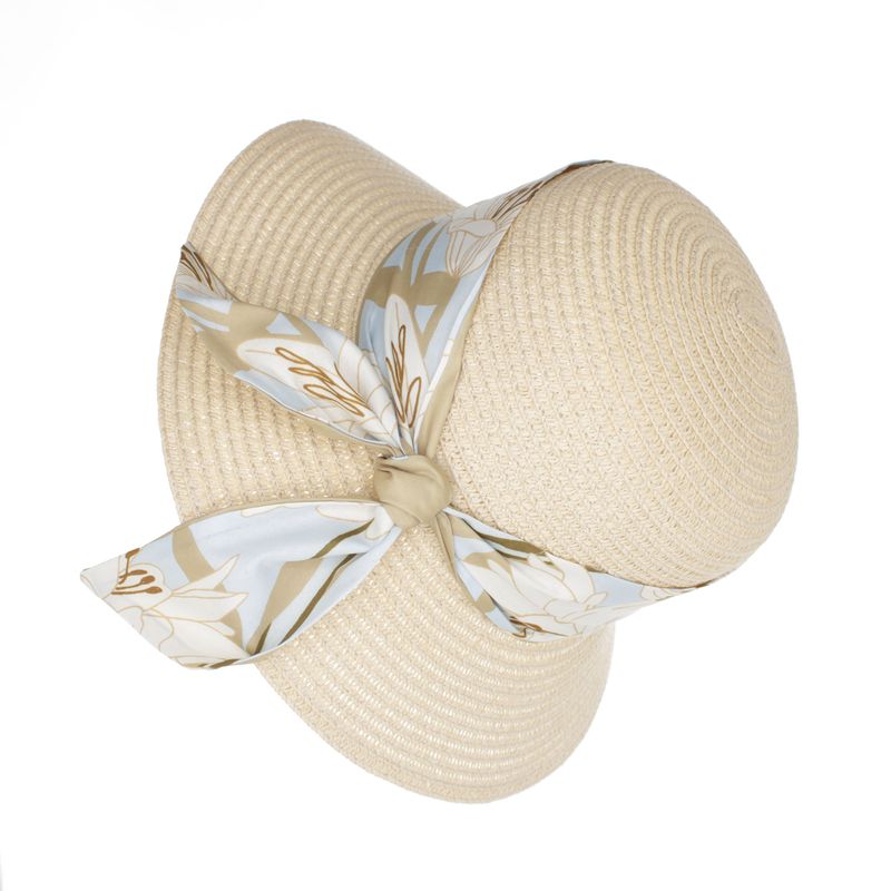 Fashion, accesorii si bijuterii - Femei - Accesorii femei - Caciuli si palarii femei - Palarie de soare dama, marime universala, 95% hartie 5% poliester, bor mic, cu accesoriu decorativ, Bej - PAL1873 - Infinity.ro