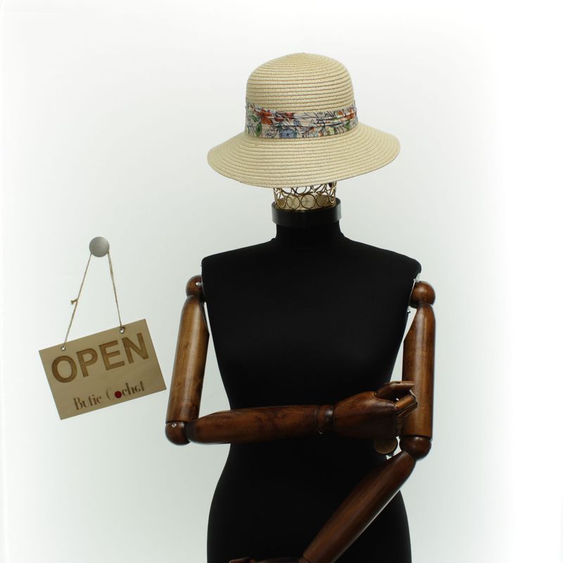 Fashion, accesorii si bijuterii - Femei - Accesorii femei - Caciuli si palarii femei - Palarie de soare dama, marime universala, 95% hartie 5% poliester, bor mic, cu accesoriu decorativ, Bej - PAL1872 - Infinity.ro