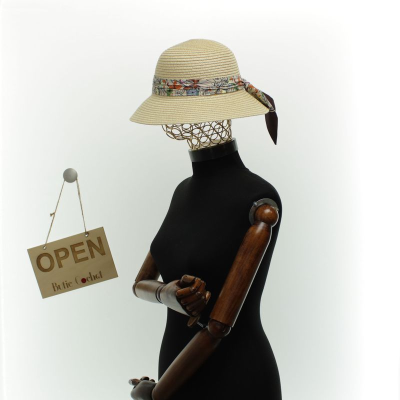 Fashion, accesorii si bijuterii - Femei - Accesorii femei - Caciuli si palarii femei - Palarie de soare dama, marime universala, 95% hartie 5% poliester, bor mic, cu accesoriu decorativ, Bej - PAL1872 - Infinity.ro