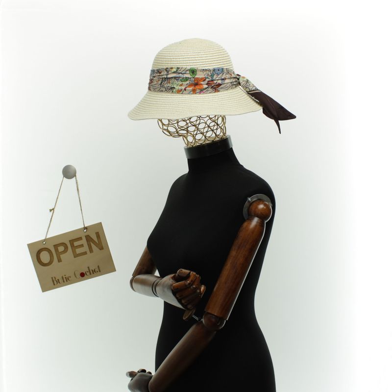 Fashion, accesorii si bijuterii - Femei - Accesorii femei - Caciuli si palarii femei - Palarie de soare dama, marime universala, 95% hartie 5% poliester, bor mic, cu accesoriu decorativ, Crem - PAL1871 - Infinity.ro